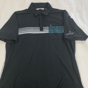 Travis Mathew Black Polo with Gray and Blue Stripes